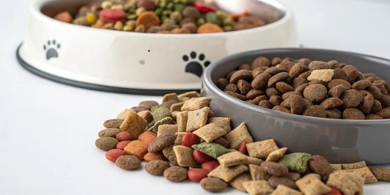 Variété de croquettes pour chiots avec étiquettes nutritionnelles visibles