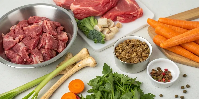 Préparation d'un repas BARF avec viande crue, os charnus et légumes pour chiot