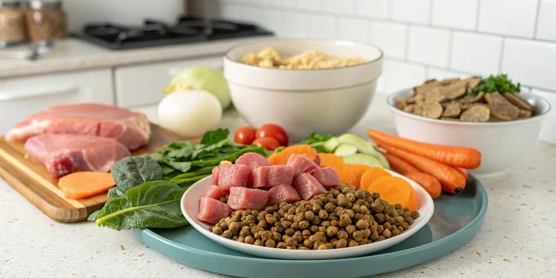 Préparation de ration ménagère avec viande, légumes et céréales pour chiot