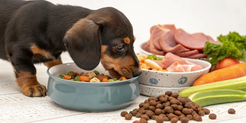Chiot mangeant dans une gamelle avec différents types d'aliments autour