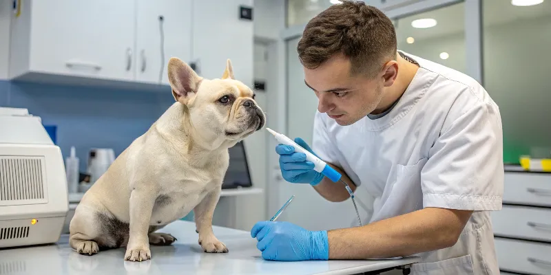Vétérinaire effectuant des tests génétiques sur un bouledogue français platinium avec équipement médical moderne