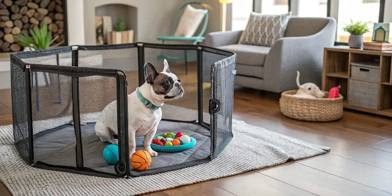 Intérieur moderne avec un espace sécurisé pour chien, montrant des jouets disposés stratégiquement, un panier confortable et une zone délimitée sans danger