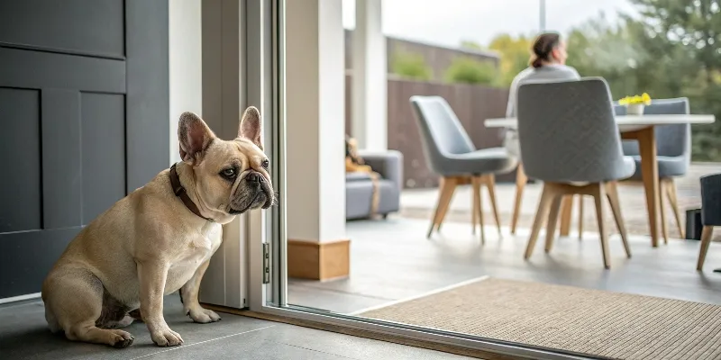 Chien assis près d'une porte d'entrée avec une expression mélancolique, montrant des signes subtils d'anxiété de séparation dans un intérieur moderne