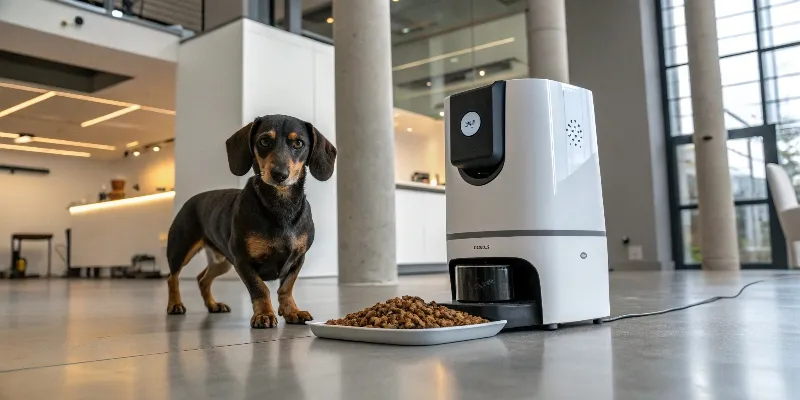 Setup technologique moderne avec caméra interactive pour chien, distributeur automatique de nourriture programmable et smartphone affichant une application de surveillance canine