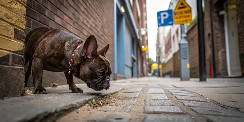 Bouledogue français explorant avec curiosité un nouvel environnement urbain