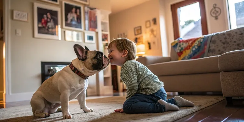 Bouledogue français jouant affectueusement avec un enfant dans un salon familial