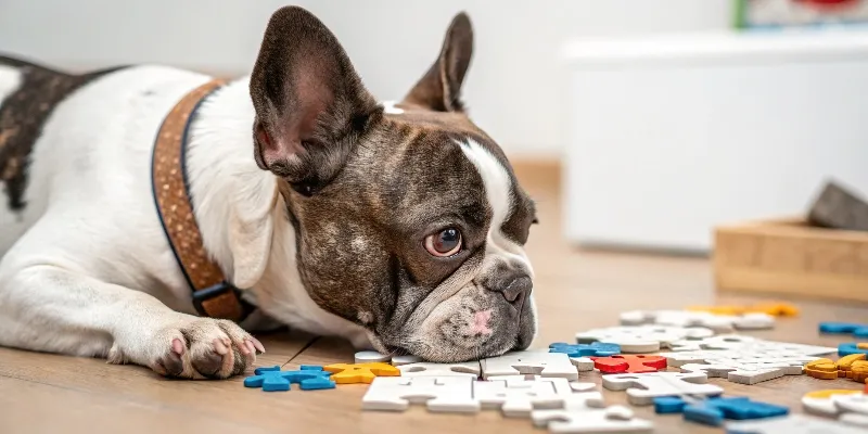 Bouledogue français résolvant un puzzle canin interactif avec concentration