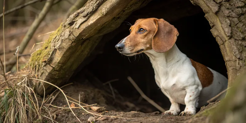 Teckel allemand traditionnel en position de chasse dans un terrier, montrant son héritage génétique de chasseur de blaireau avec sa morphologie caractéristique