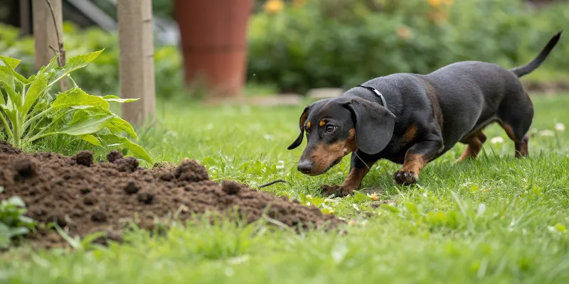 Teckel en action de chasse dans un jardin avec taupinières visibles, montrant son instinct face aux petites proies souterraines