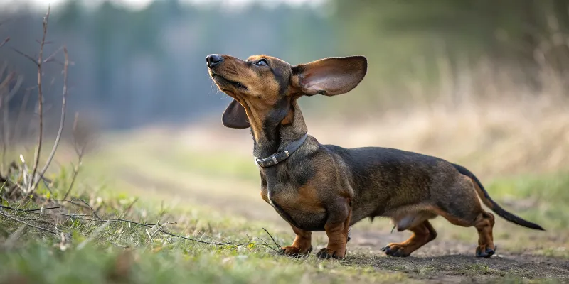 Teckel en position d'alerte avec oreilles dressées, truffe au sol, montrant tous les signaux comportementaux du mode chasseur activé
