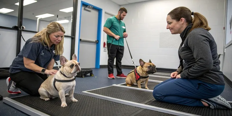 Sélection d'animaux médiateurs montrant différentes espèces (chiens, chats, lapins) lors d'une évaluation comportementale dans un centre de formation spécialisé
