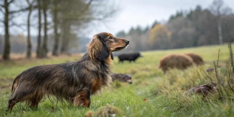 Teckel à poil long historique dans son environnement de chasse en Allemagne