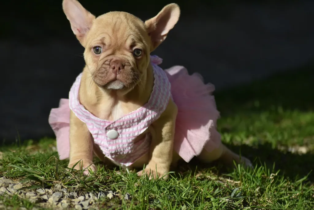 Chiots bouledogue français lilas fauve avec une robe rose