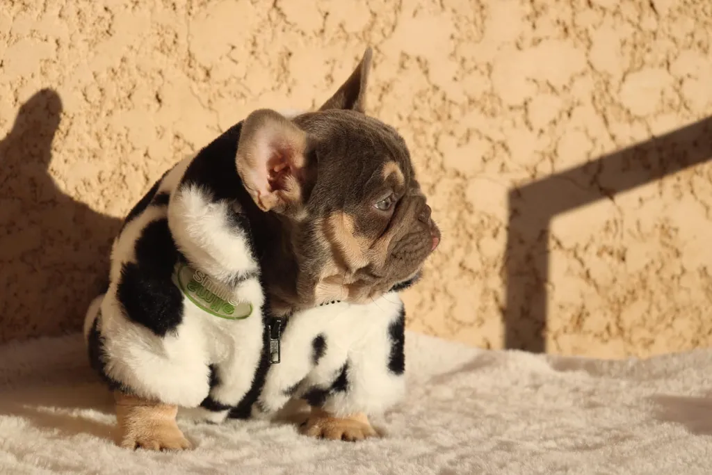 Chiots bouledogue français lilas tan avec un blouson motif peau de vache  | Élevage SCBC Dogs