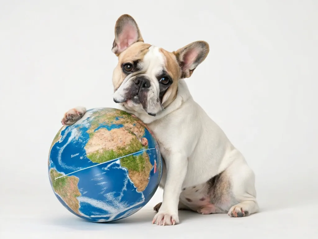 Bouledogue français adulte blanc et fauve tenant un globe terrestre entre ses pattes | Article Élevage SCBC Dogs