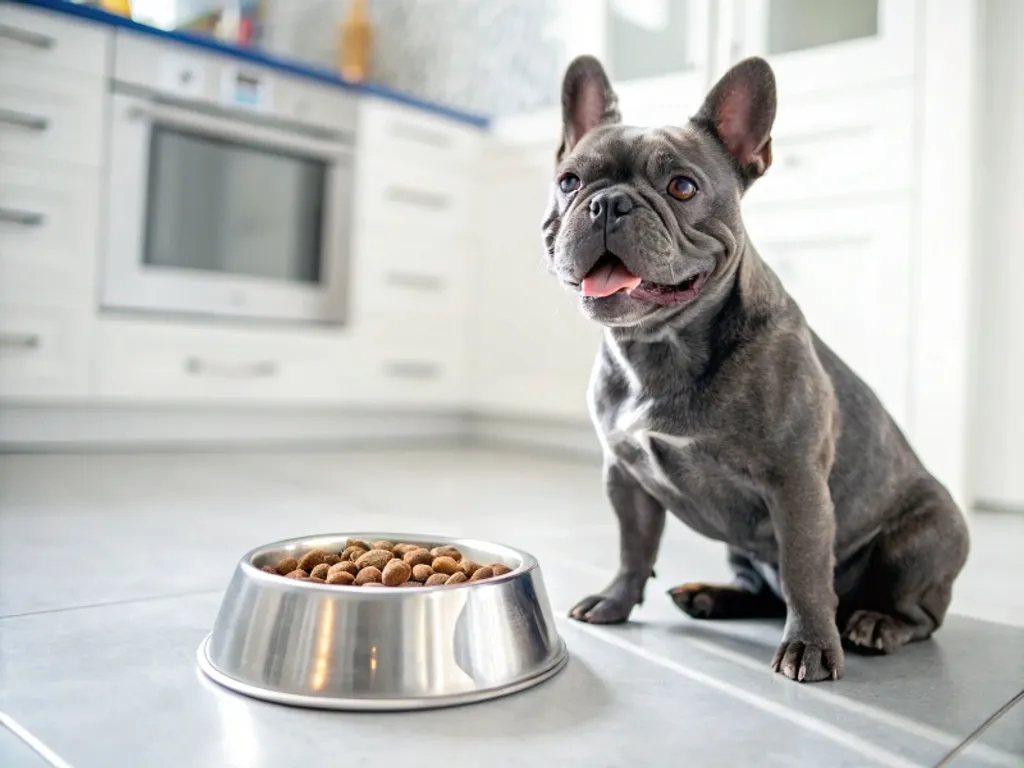 image d'un bouledogue français bleu à coté de sa gamelle de croqette hypoallergéniques