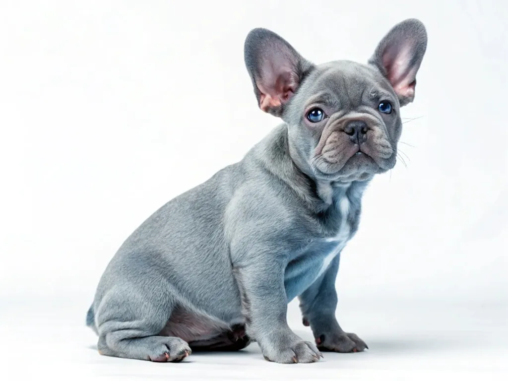 image d'un chiot bouledogue français bleu aux yeux bleus tout mignon qui pose assis