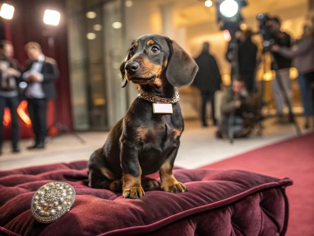 image d'un chiot teckel nain tout mignon qui pose assis sur un fauteuil de star entouré de photographe