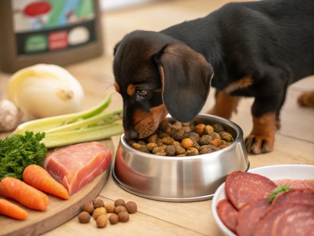 image d'illustration de l'article avec un teckel black tan qui mange sa ration de croquettes