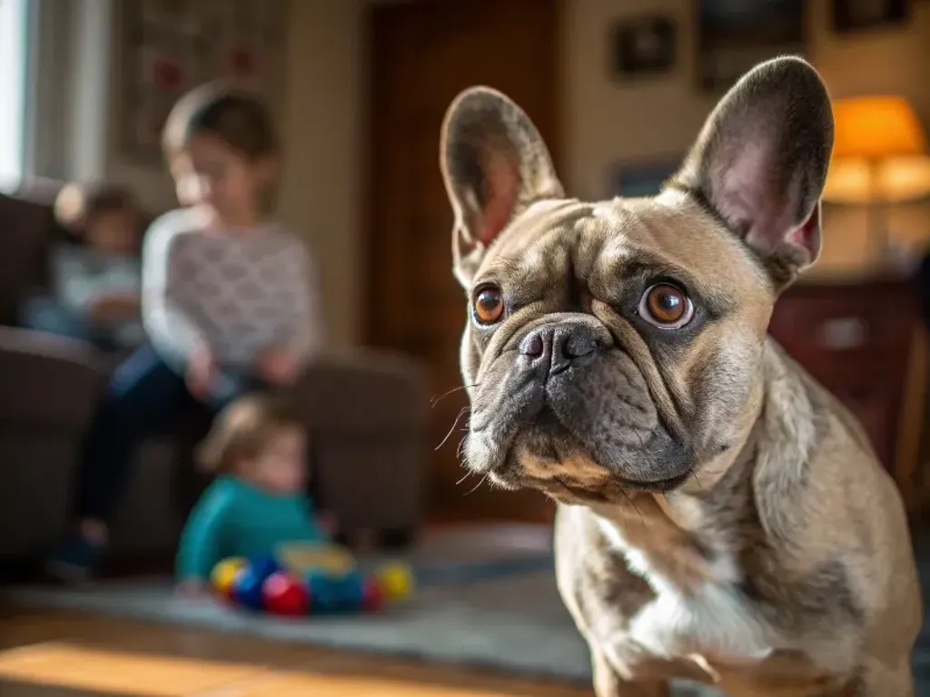 image d'un bouledogue français en présence de sa famille avec un regard tendre
