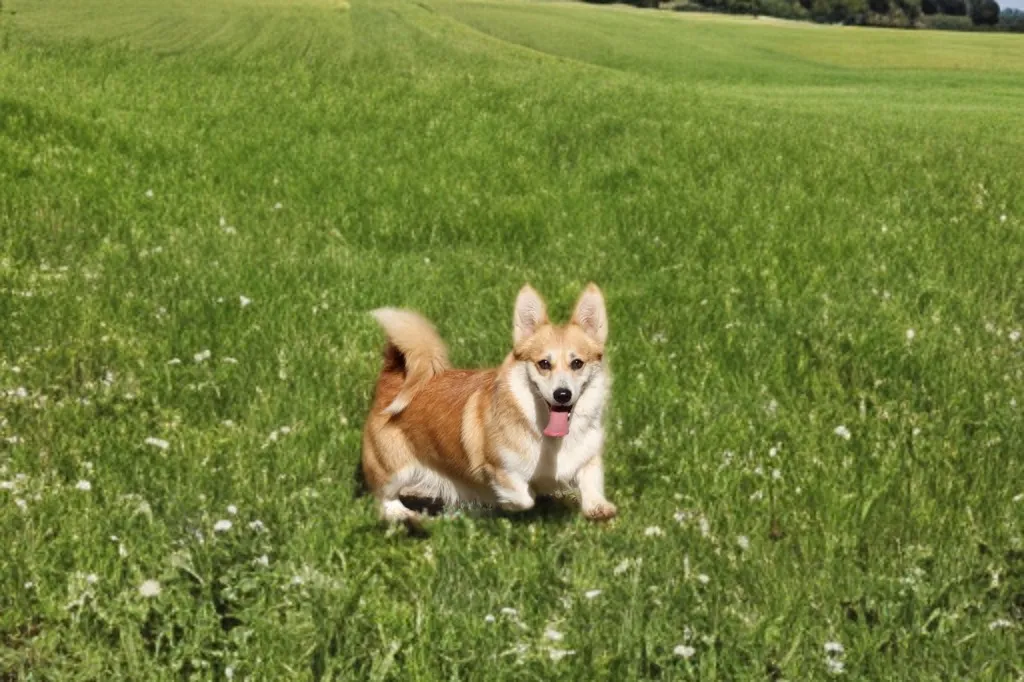 femelle welsh corgi pembroke de couleur fauve et blanc qui coure dans la pelouse