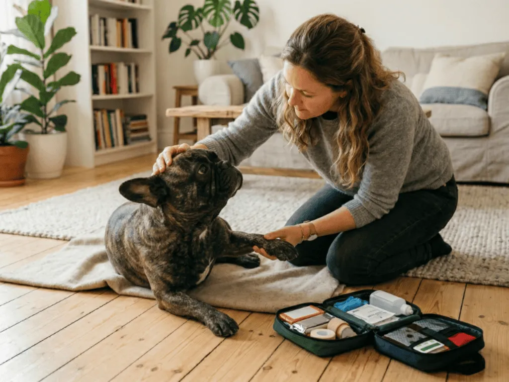 propriétaires de bouledogue français bringé pour prend soin de son chien avec une trousse de premier secours