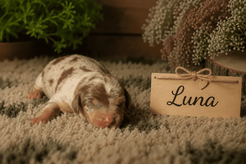 chiot teckel nain femelle couleur chocolat tan arlequin